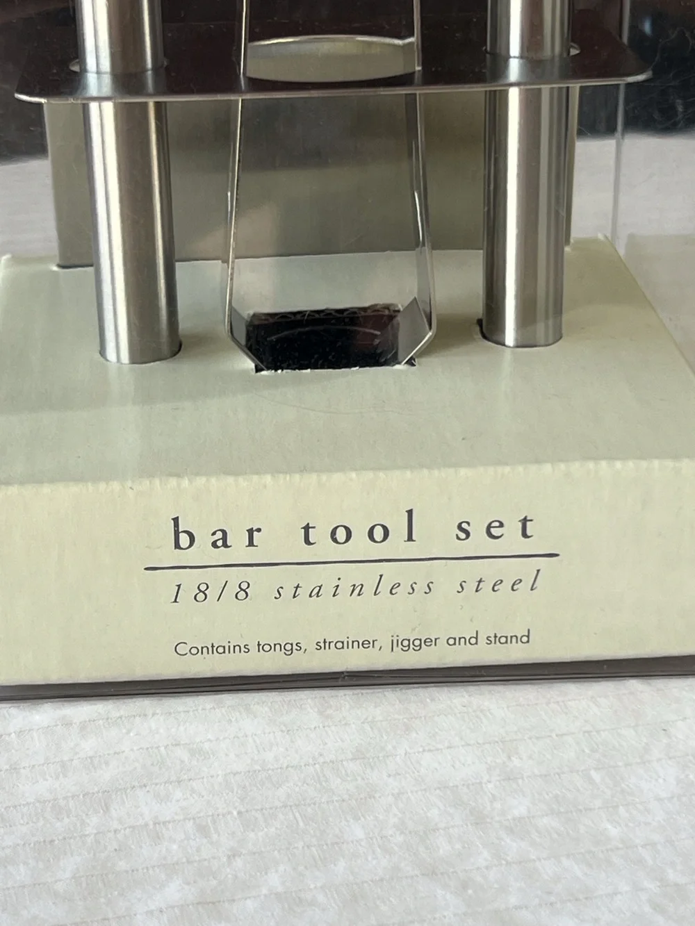 Pier 1 Imports 18/8 Stainless Steel Bar Tool Set Tongs Strainer Jigger Stand Y2K